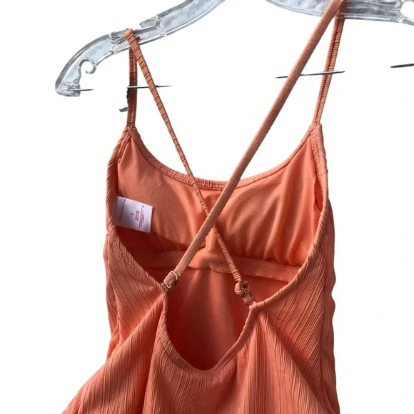 NWOT Xhilaration Tangerine Orange Peach Ribbed Backless One-Piece Swimsuit - S - Picture 12 of 16